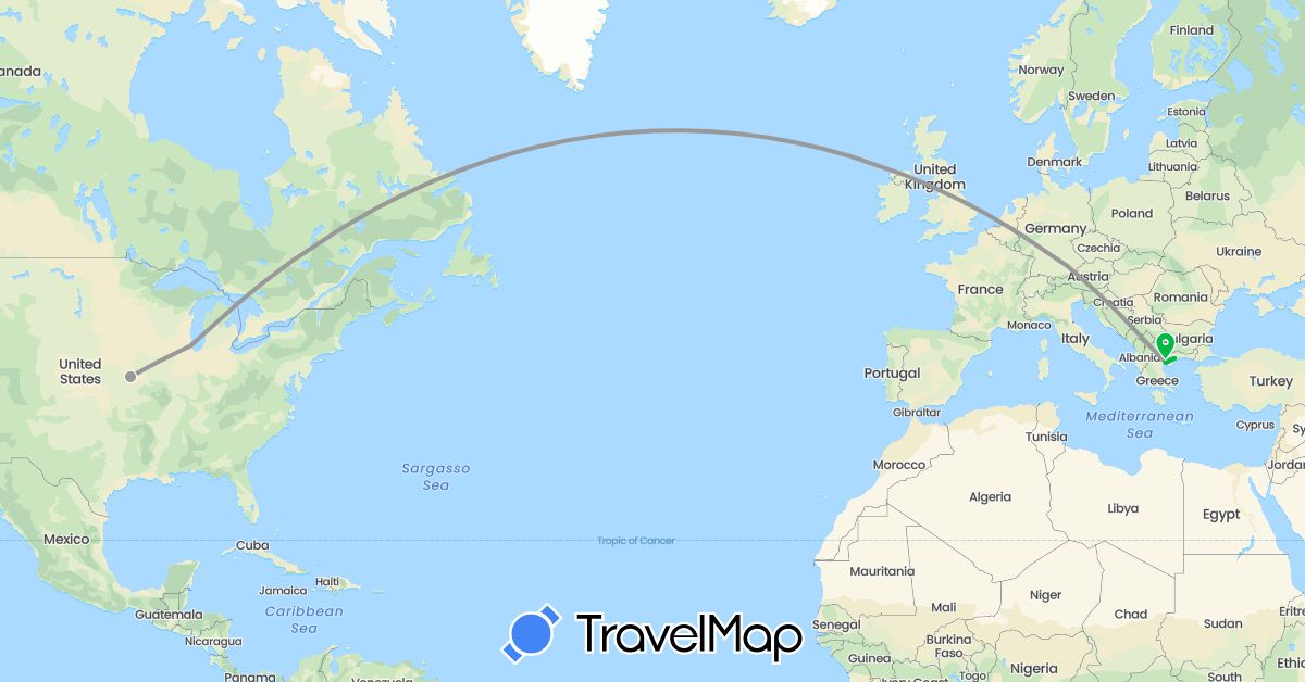 TravelMap itinerary: bus, plane in Germany, Greece, United States (Europe, North America)